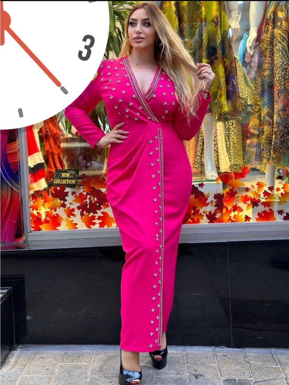 Women’s Hot Pink Embellished Long Dress and spit in front of